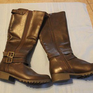 Target Women's Brown Leather Belted Block Heel Side Zip Knee High Boots Size 8